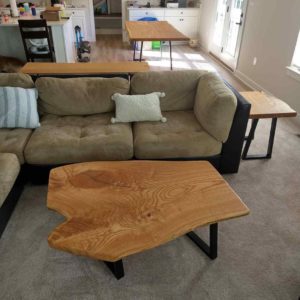 heart shaped live edge table in a living room