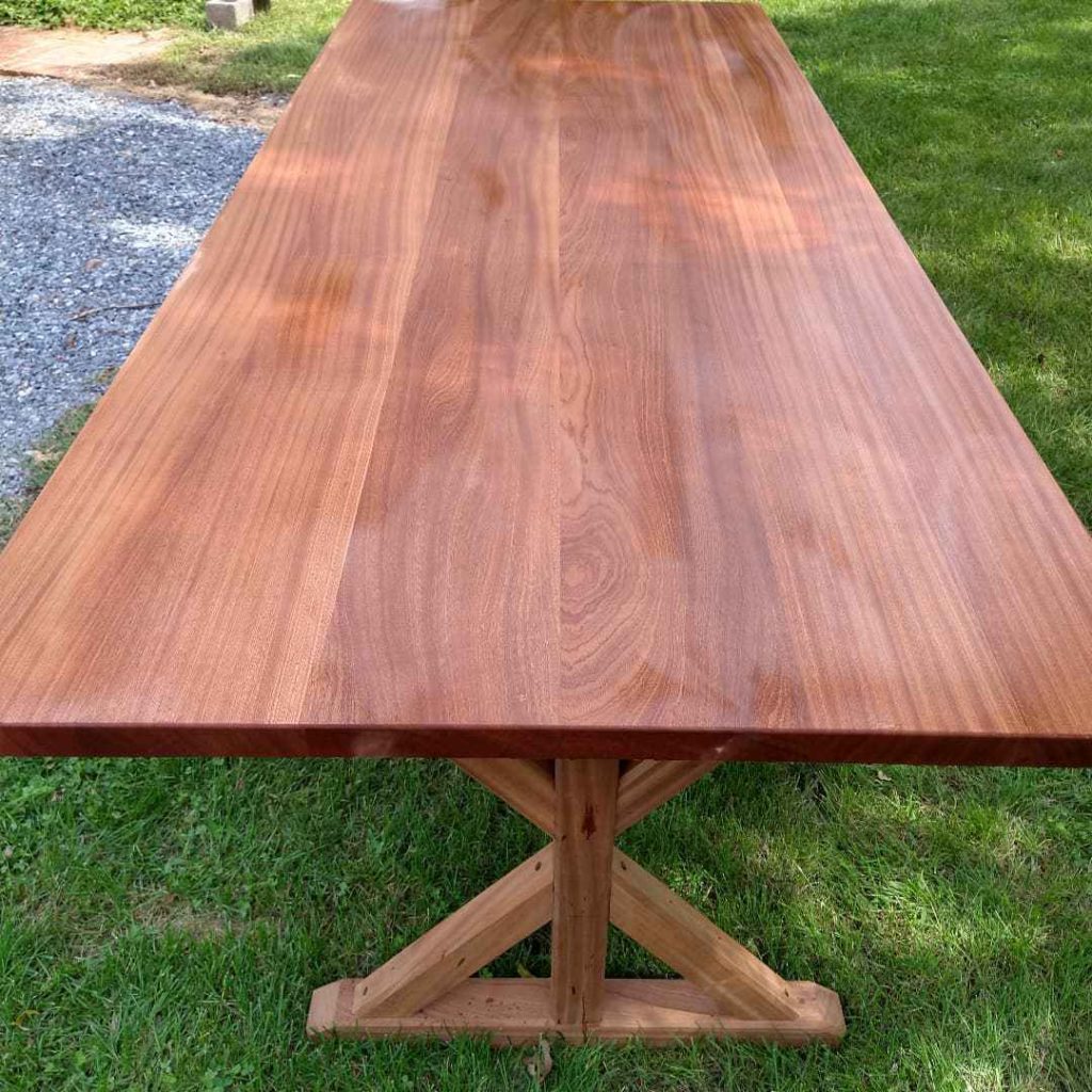 close up of a freshly stained farmhouse table