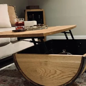 custom coffee table made out of a wood barrel that opens for storage