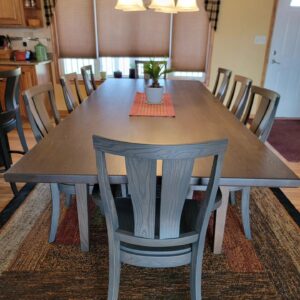 custom wood dining table with custom grey wood dining chairs