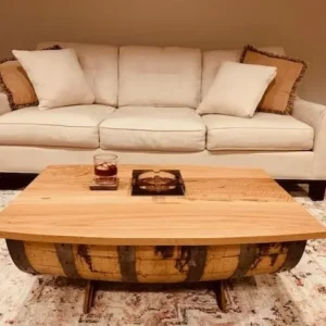 closed custom coffee table made out of a wood barrel